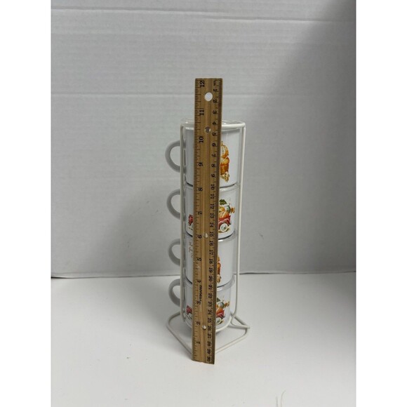 Set Of 4 Stacking Espresso Cups W/Wire Holding Rack Harvest Fall Thanksgiving - Picture 5 of 6